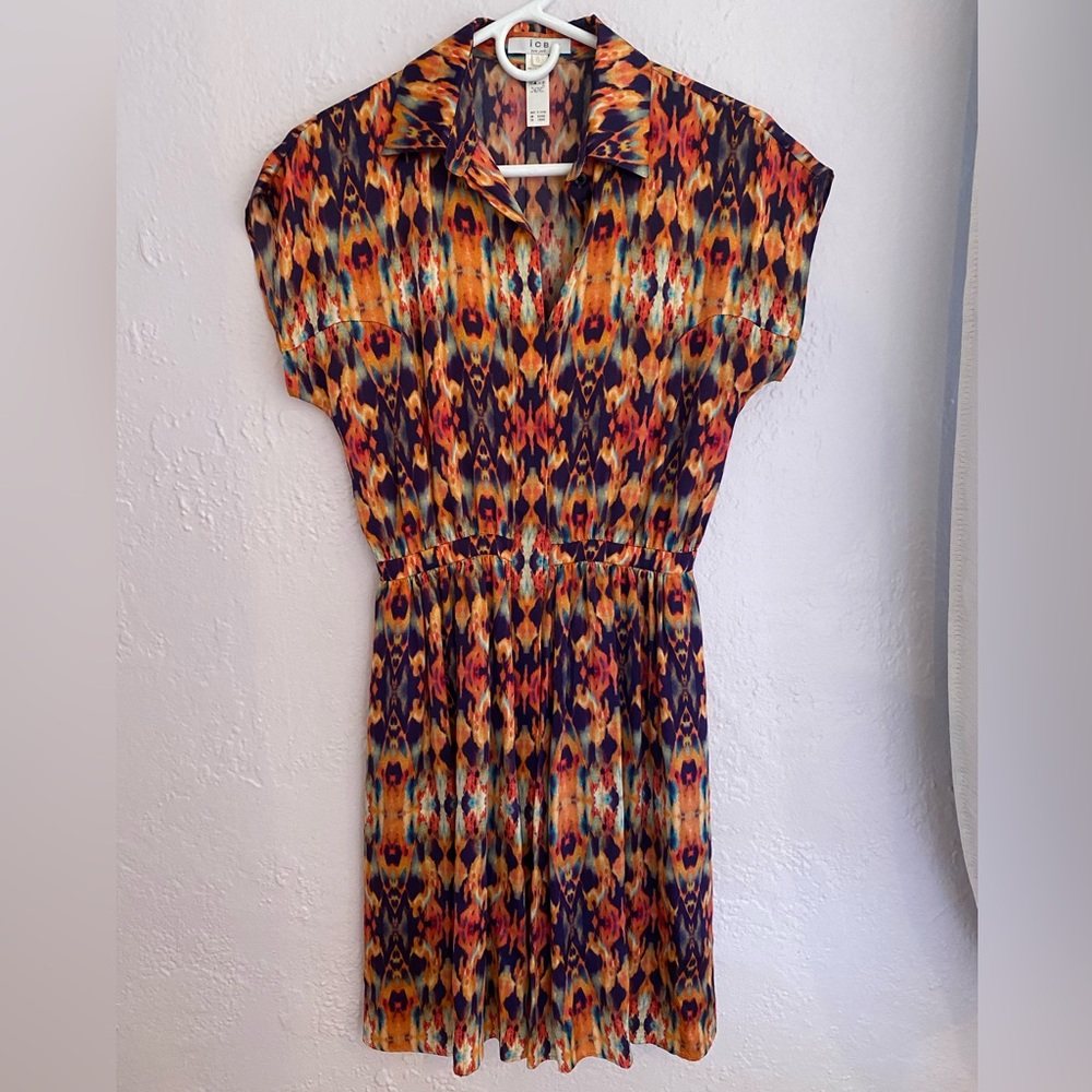 icb New York Barney’s New York Co-op Silk Pattern Shirt Dress w Cinched Waist